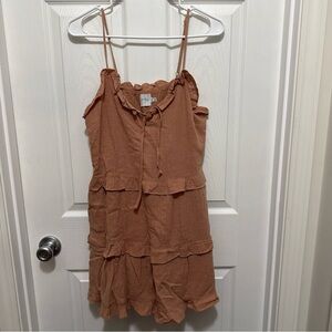 Polly Mini Dress Spaghetti Strap Linen Lined Ruffle Layered Lt Brown Rust Size 6